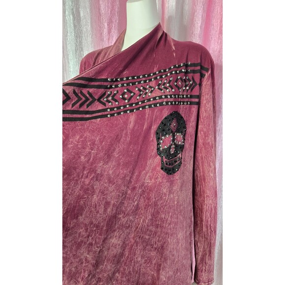 Vocal Skull Crystal Maroon Aztec Fringe Cotton Cardigan Jacket Size Medium - Picture 5 of 16